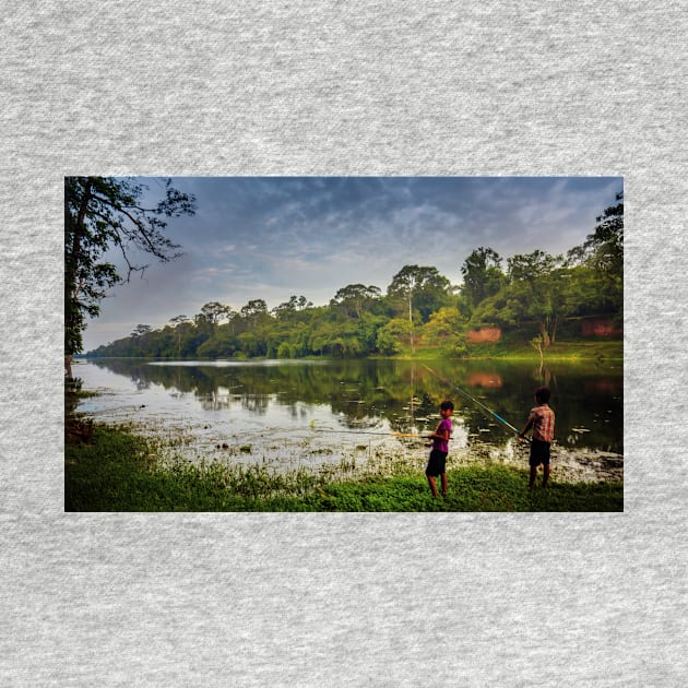 Cambodian kids fishing by dags